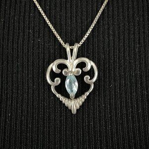 BLUE TOPAZ pendant necklace - sterling silver ornate open heart 18.5" box chain